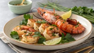 A plate of grilled shrimp and a whole lobster tail garnished with fresh parsley and lime wedges, served on a ceramic dish with herbs and sauce in the background.